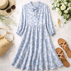 Free Assembly Dress Womens The Tie Neck Swing Dress Light Blue White Size XS